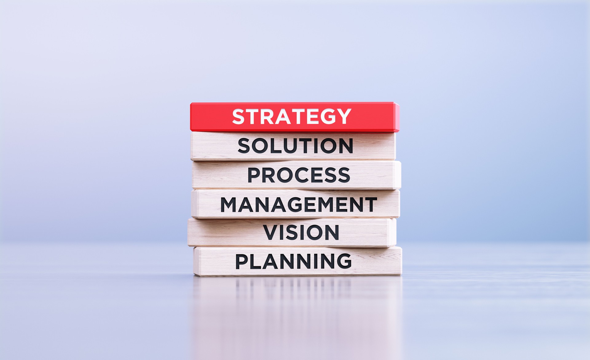 Strategy Related Words Written Wood Blocks Sitting on Wood Surface in Front a Defocused Background